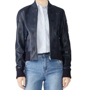 Samantha Sipos Hearts Leather Bomber Jacket Navy Blue  Size M